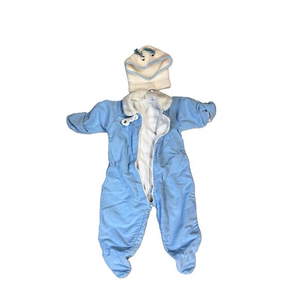 Quiltex Winter Snowsuit Blue Fur Colla VTG 6 Month Retro Jumpsuit W Handmade Hat - Picture 1 of 13